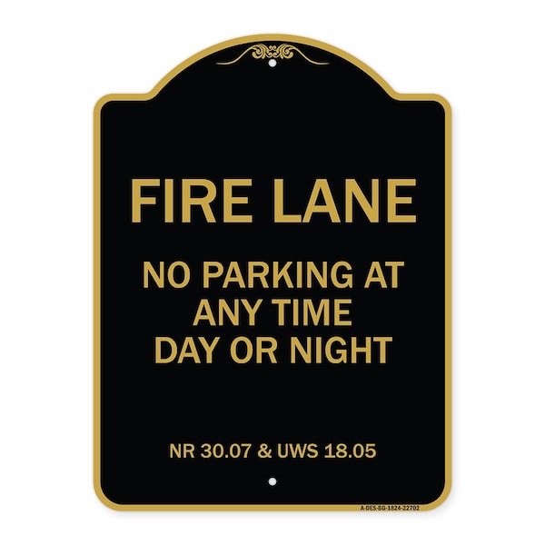 Signmission Wisconsin Fire Lane No Parking Anytime Day or Night, Black & Gold Alum, 18" x 24", BG-1824-22702 A-DES-BG-1824-22702 - main